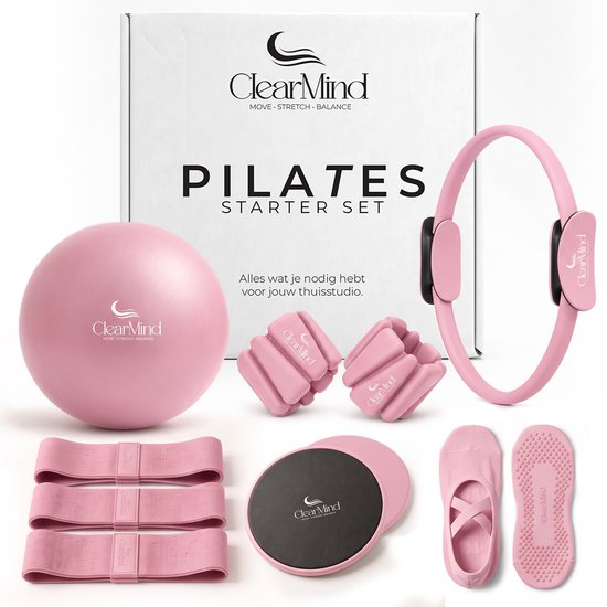 Roze ClearMind Pilates-starterset met ring, bal, gewichten, weerstandsbanden, glijschijven en antislipsokken in doos.