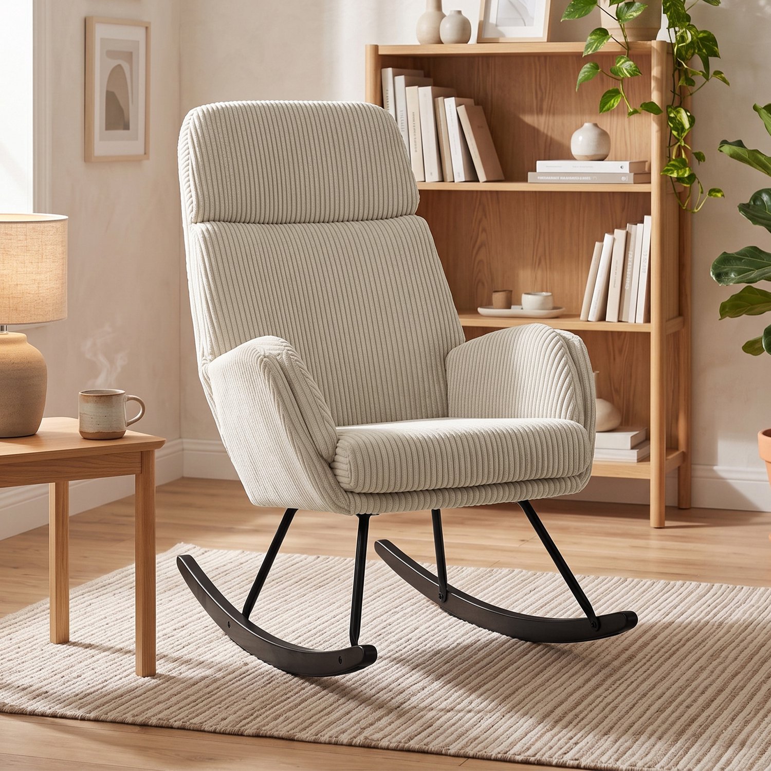 MUVANO Fauteuil à Bascule Velours Côtelé - Chaise à Bascule Confortable - Fauteuil avec Accoudoirs Intégrés - Stabilité avec Patins en Feutre - 94 x 67,5 x 106 cm - Confort Rembourré en Mousse Haute Résilience - Salon Beige