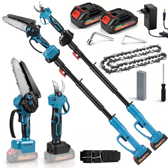 4-in-1 telescopische elektrische kettingzaag en snoeischaar set met 21V accu's, lader, reserveketting en toebehoren.