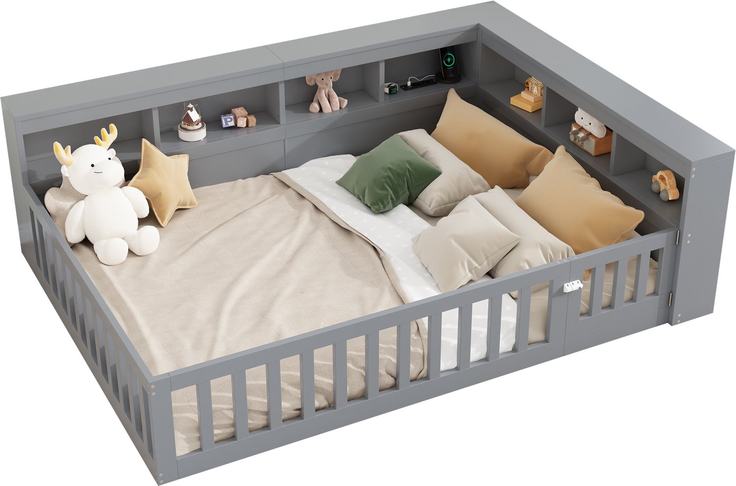 Bedbank 140 x 200 cm - Met Lattenbodem En Opbergvakken - Stopcontacten En USB - Te Openen Bedhek - Spaanplaat En MDF - Grijs