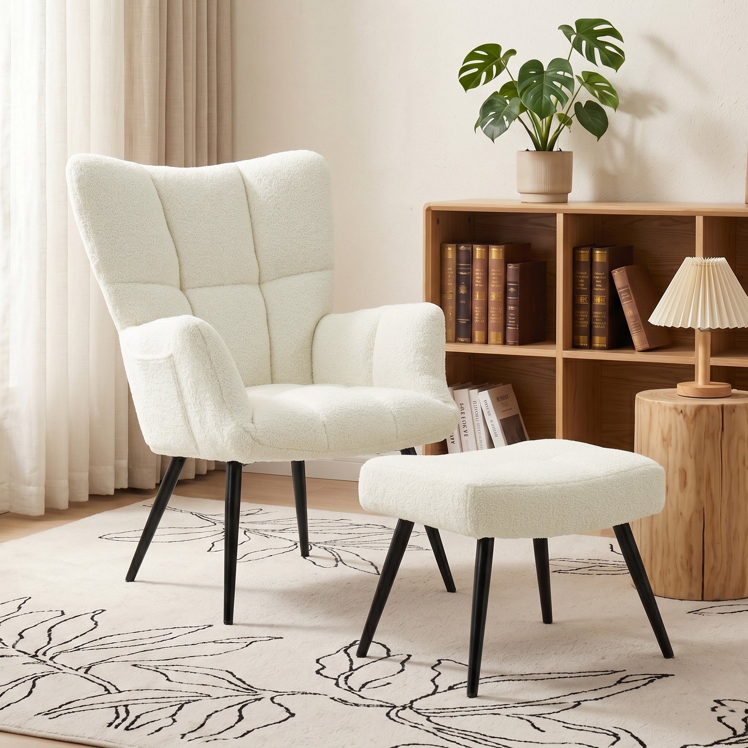MUVANO Fauteuil met Repose-Pied - Ergonomisch Ontwerp - Teddy Stof - Moderne Beige Kleur - 93 cm Hoog - Comfortabel voor Ontspanning