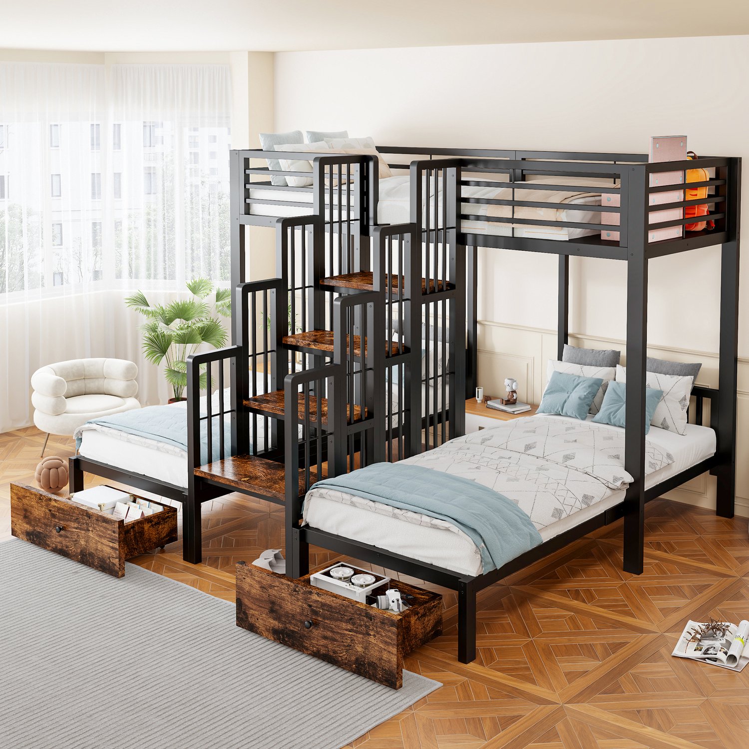 OOIILLEE Stapelbed met metalen frame, kinderbed 90 x 200 met centrale trap, veiligheidsleuningen, lades en robuuste staalconstructie voor kinderen, jeugd- en gastenverblijf, houtkleur zwart