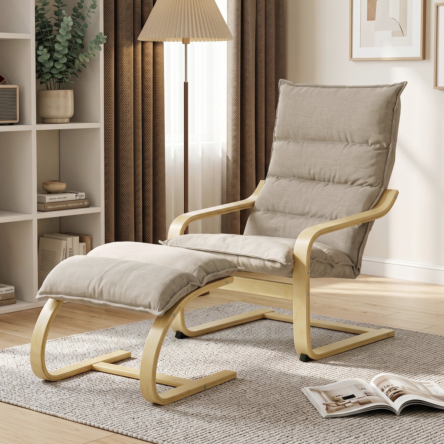 MUVANO Fauteuil De Salon Met Repose-Pied - Confort D'Assise Exceptionnel - Repose-Pieds Mobile Polyvalent - Beweeglijk Ontspanning - 55x74x102cm - Relaxatie - Woonkamer Beige