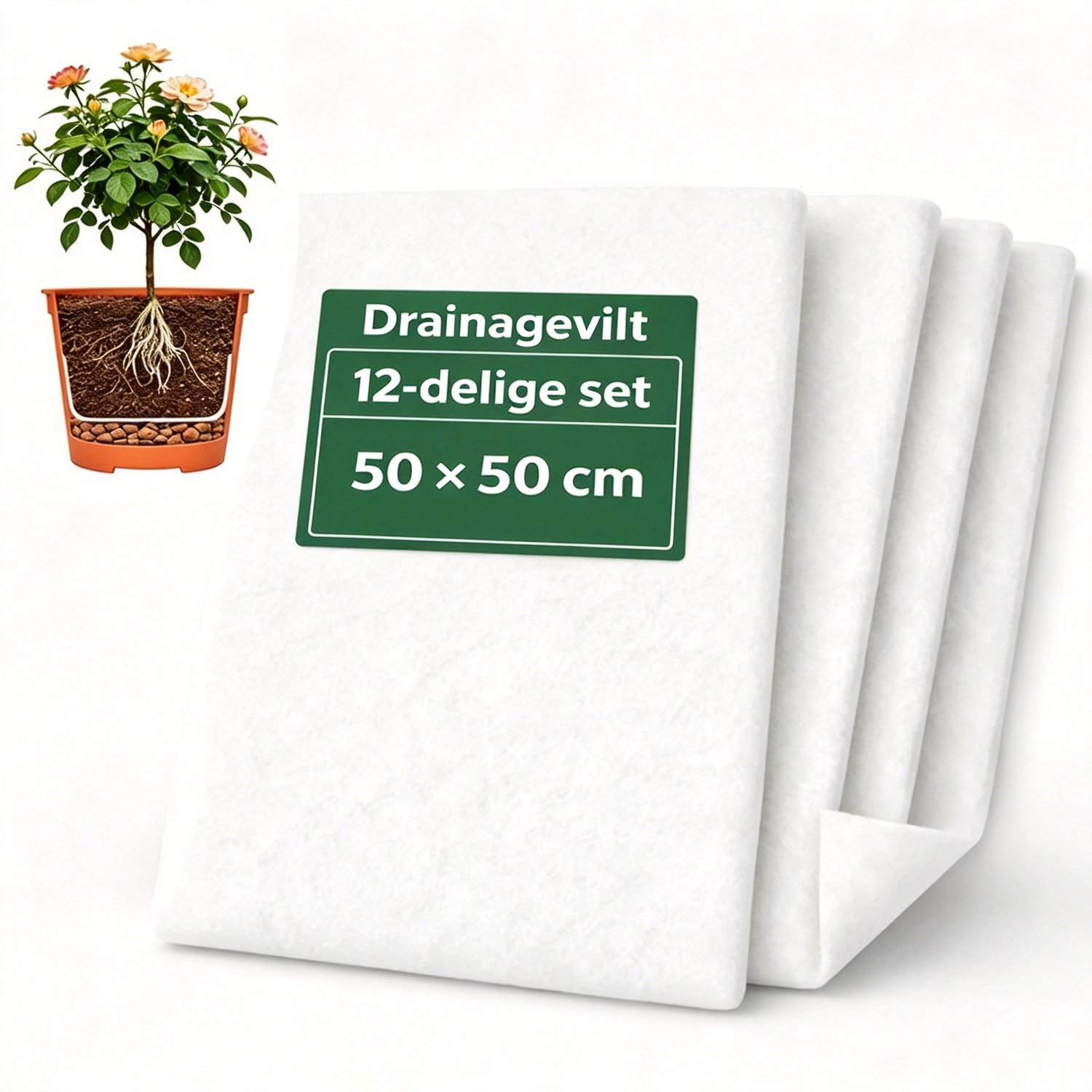Drainagedoek voor Bloempotten (Set van 12 - 50x50 cm) - Scheurvast Scheidingsvlies voor Hydrokorrels & Potgrond - Anti-Wortelrot Filterdoek voor Plantenbakken & Balkon