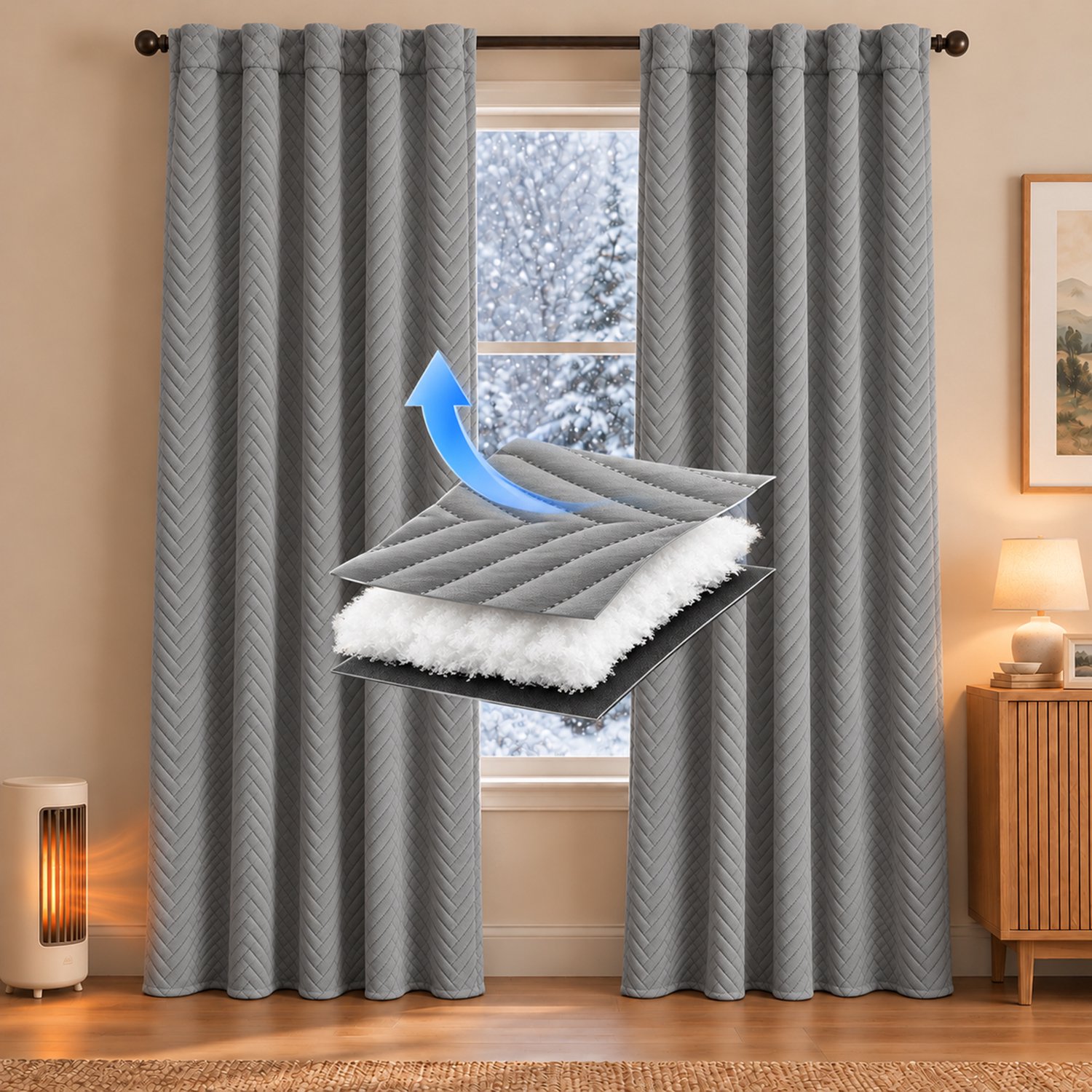Qelus Thermisch Gewatteerd Gordijn - Isolerend Polyester Gordijnpaneel - Grijs - 140 x 175 cm - 1 Stuk - Met Multifunctionele Plooiband en Koord - Voor Woonkamer en Slaapkamer - Raamdecoratie Binnen
