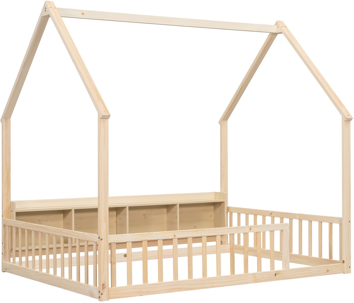 Huisbed 140x200 cm - Houten Grondbed Met Opbergvakken En Veiligheidshekken - Open Dakframe Met Brede Instap - Naturel Houtkleur Voor Kinderkamer