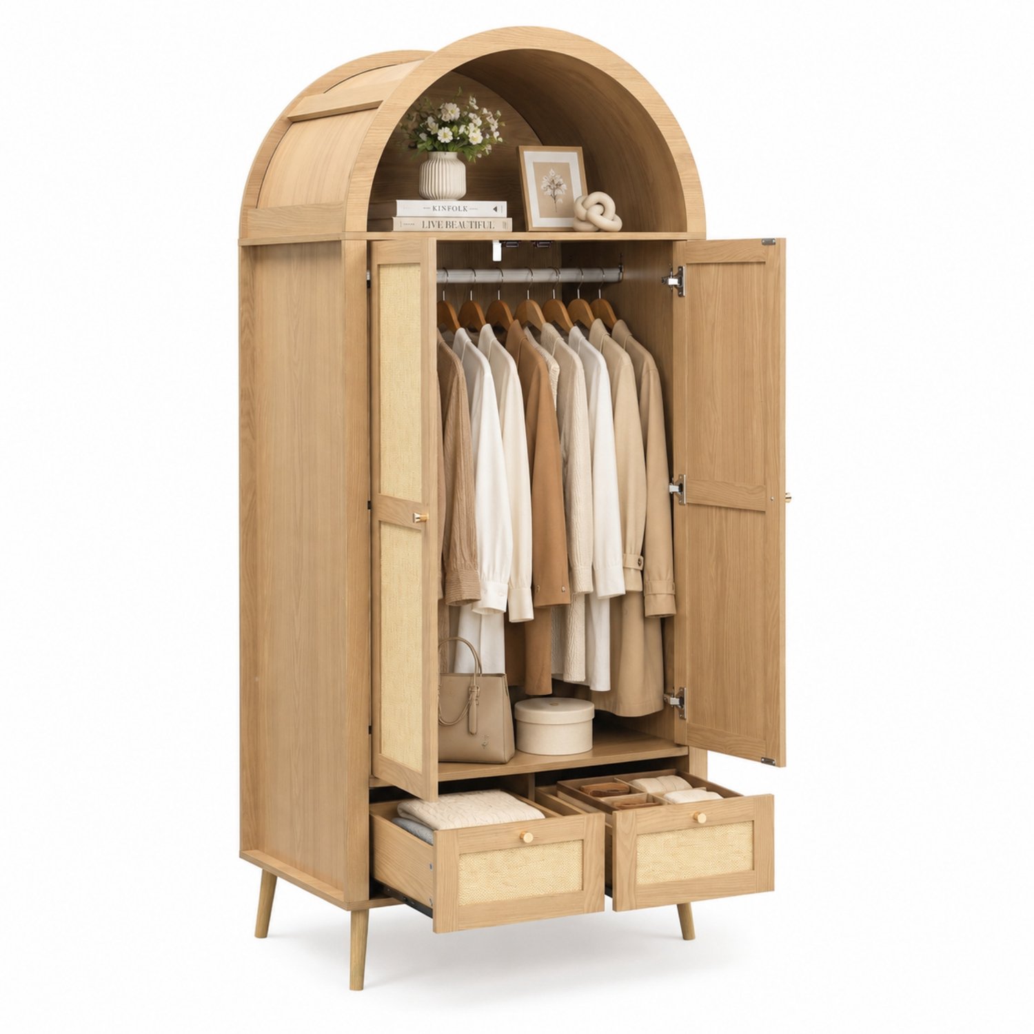 Kledingkast Met 2 Deuren En 2 Lades - 80 x 55 x 180 cm - Met Kledingroede En Open Bovenvak - Boogvorm - MDF Met Eikenlook En Beige Rotanlook