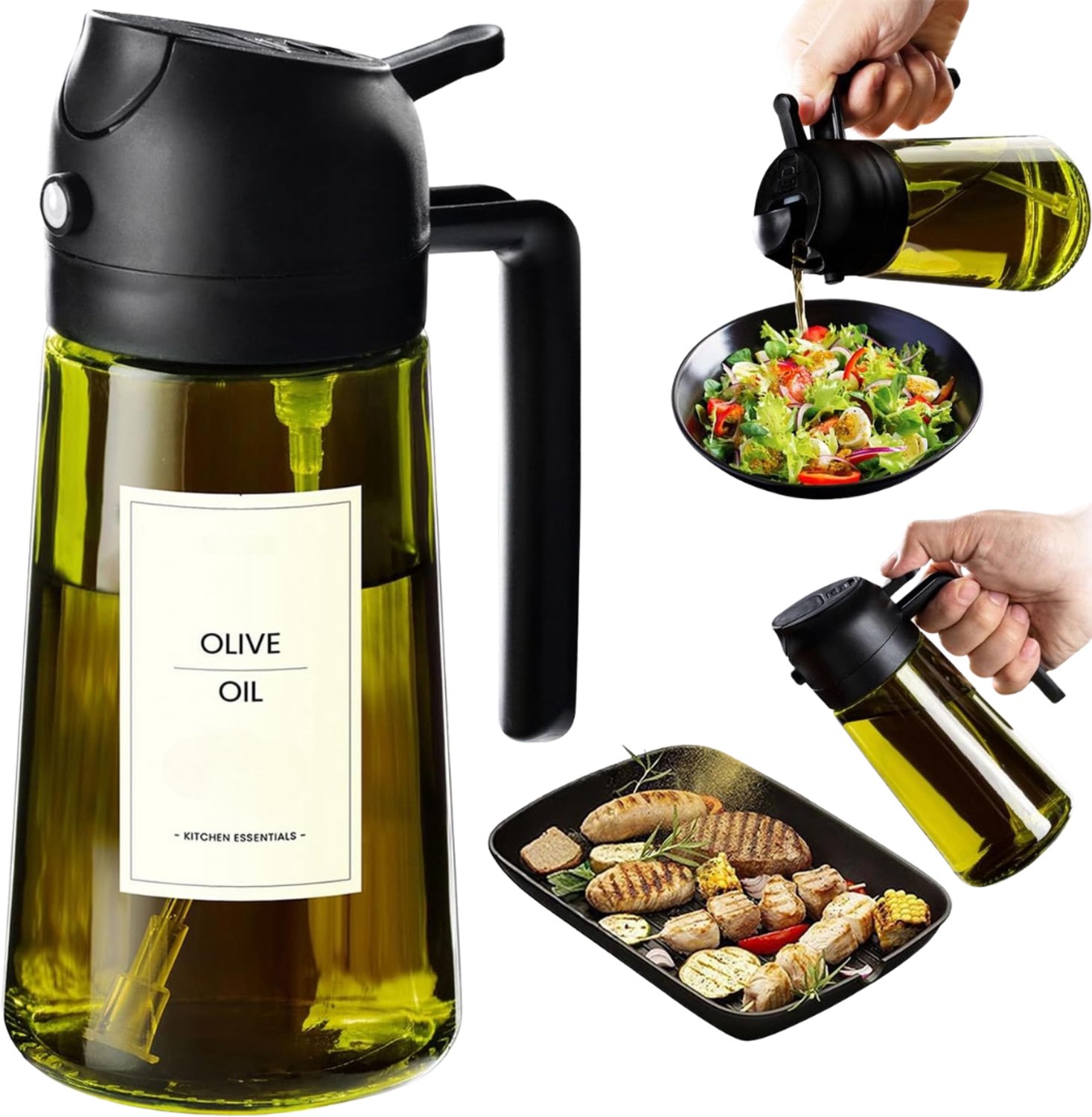 Verte - Olie Dispenser - Olijfoliefles - 2-In-1-Dispenser En Verstuiver - Voor Olijfolie En Azijn - 470 Ml - BPA-Vrij - Voor In De Keuken - Bij De Barbecue En Voor Salades (Zwart)