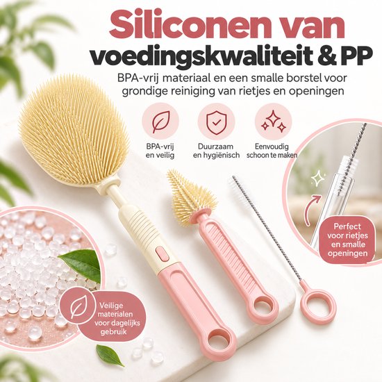 Flessenborstel Set 3-delig - Siliconen - BPA-vrij - Babyflessen - Speenborstel - Rietjesborstel - Roze — afbeelding 4