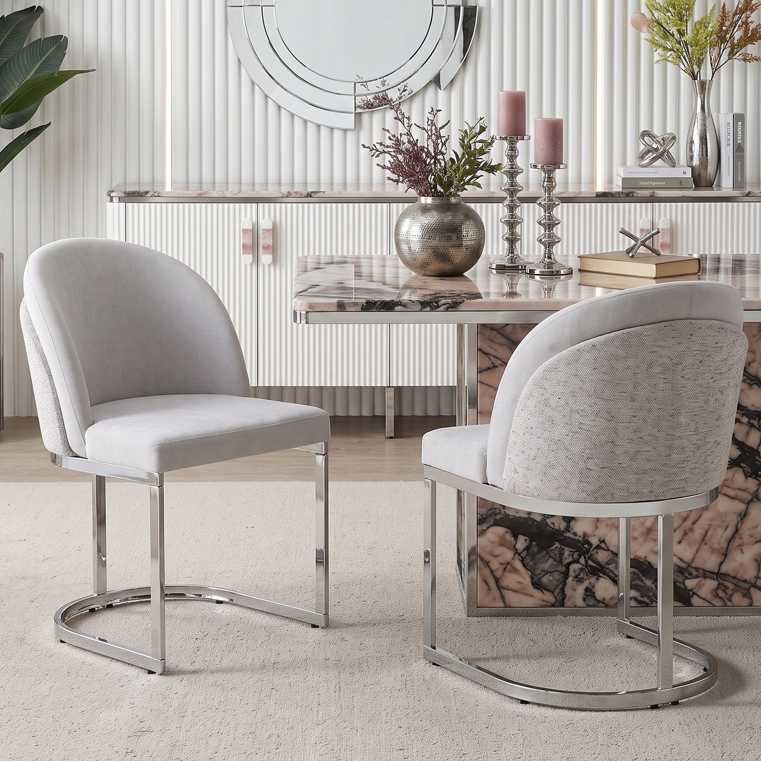 CHICFURN Eetkamerstoel - Set van 2 - Chenille - Grijs en zilver