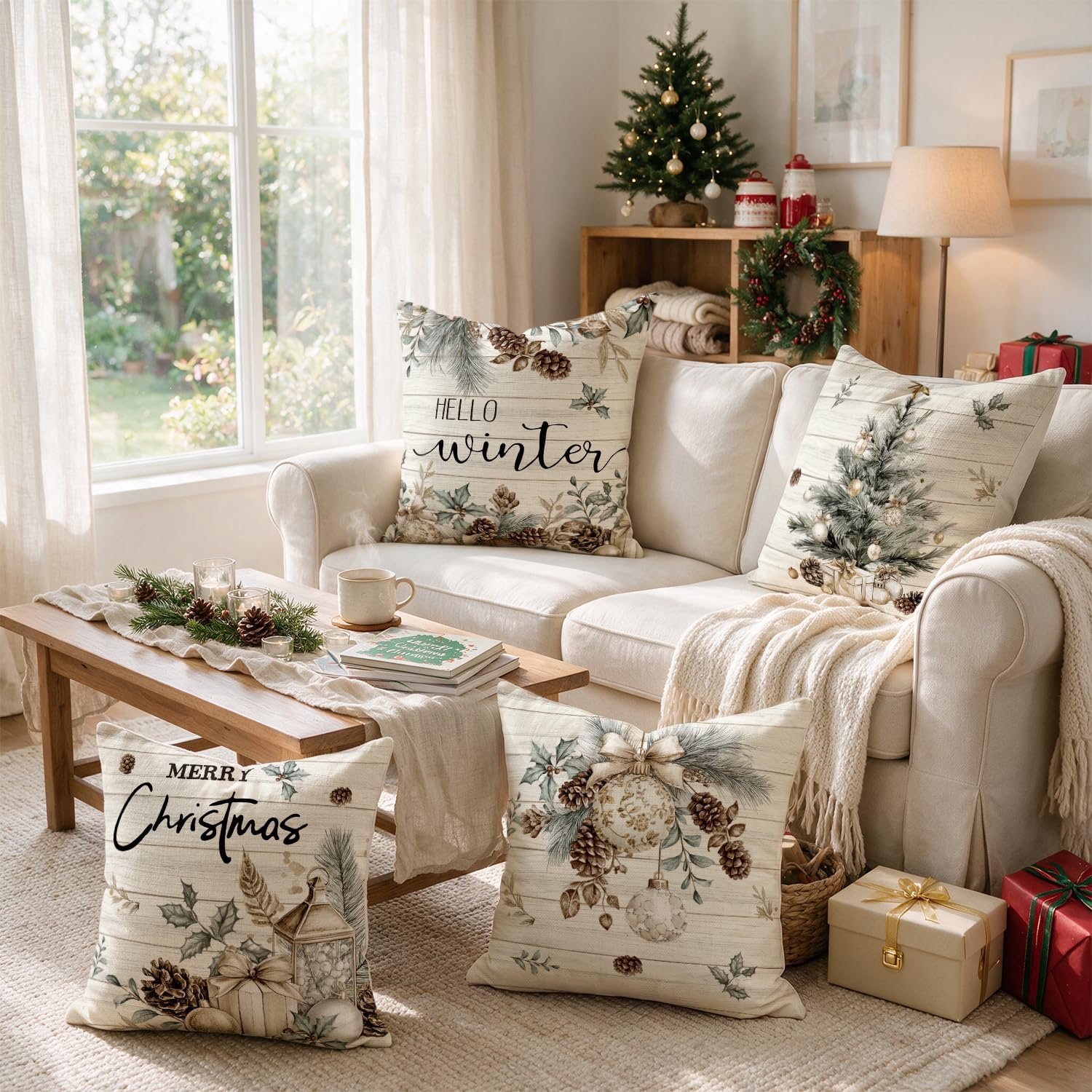 Set van 4 - Kerst kussensloop - Kussenhoes - Kerstkussenslopen - 45 x 45 cm - Kerst decoratie - Kussenhoesjes - Winter vakantie kerstdecoratie - Thuis bank kussen - Binnen decoraties - Voor decoratie Kerstmis, bank, slaapkamer - Polyester - Beige – foto 5