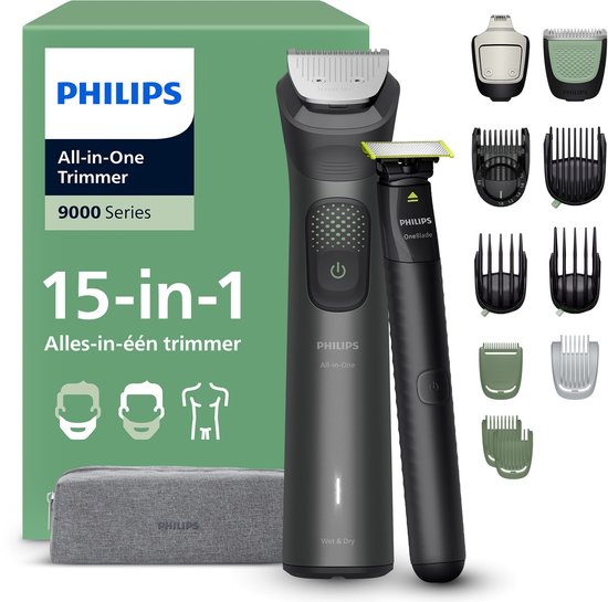 Philips 15-in-1 MG9531/15 set met trimmer, OneBlade, diverse opzetstukken en grijs opbergetui.