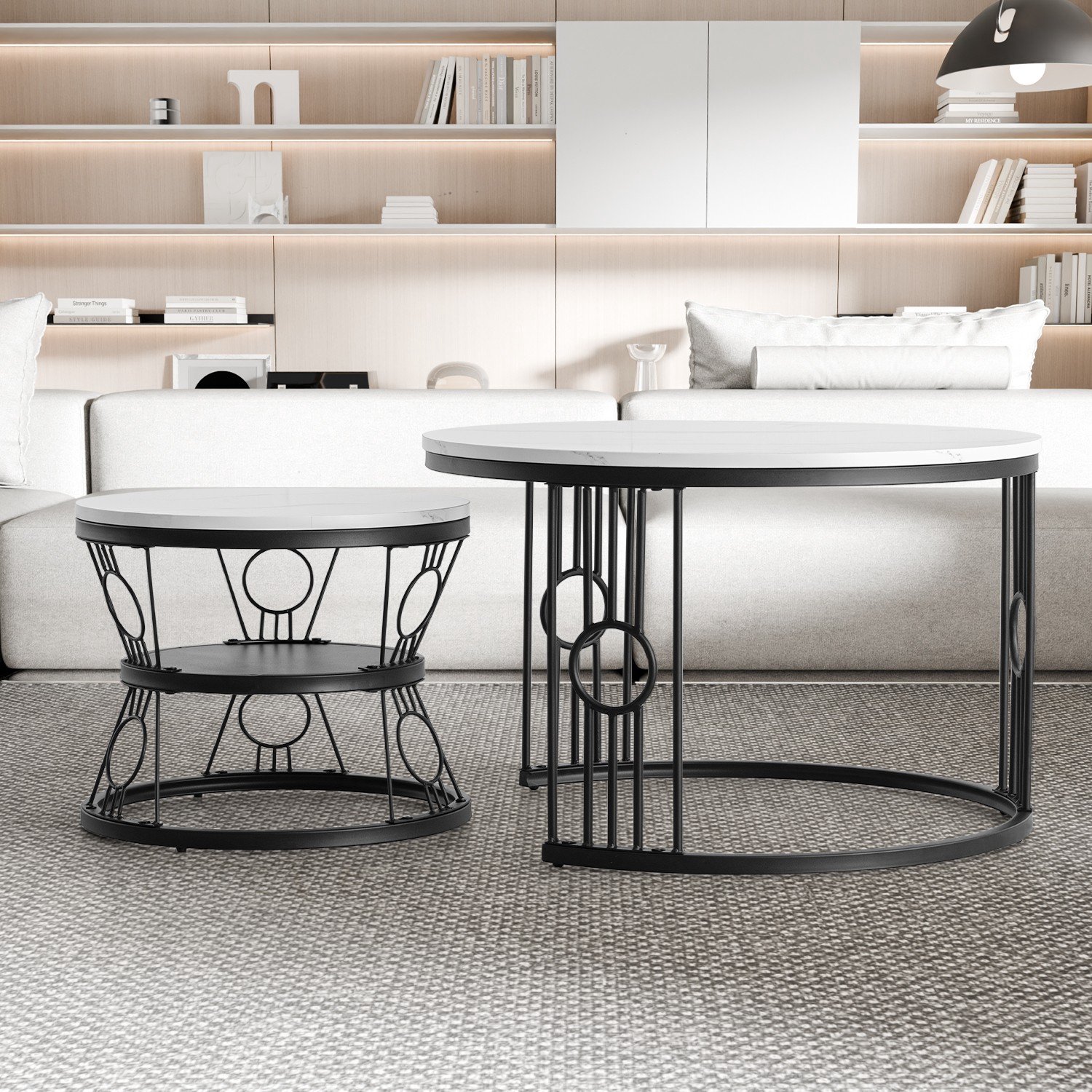 CHICFURN Salontafel 70 cm - Stapelbaar - 2-delige set - Woonkamer of slaapkamer - MDF en staal - Wit en zwart Wit+Zwart