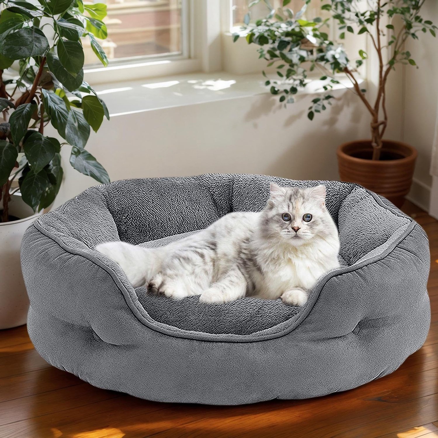 Kattenmand 65 X 55 X 20 Cm – Wasbaar – Rond – Warme Pluche Mand Voor Katten/Huisdieren – Geschikt Voor Katten Of Kleine Honden – Grijs