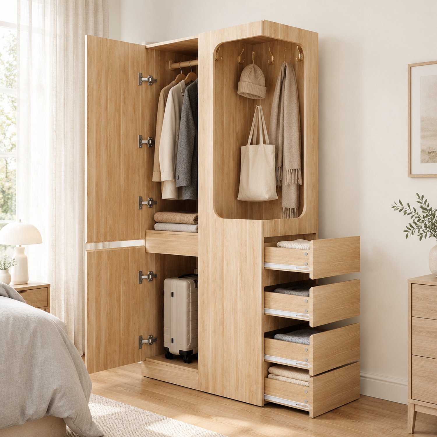 MIVRAY Kledingkast - Met Ladeblok En Open Hanggedeelte - Voor Slaapkamer Of Bureau - Houtkleur - 70x40x170 Cm