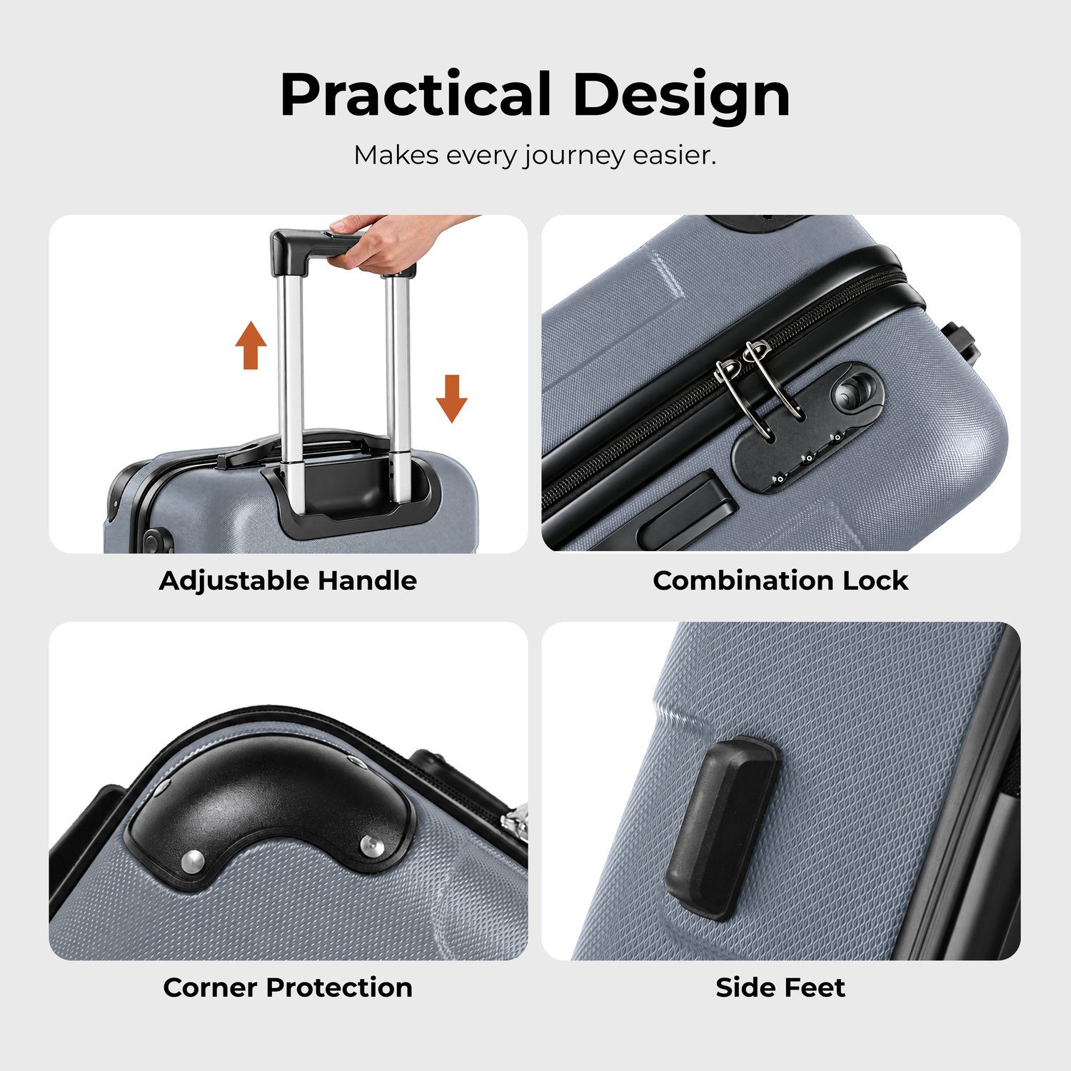 YONSLY Handbagage Koffer - 55cm - 40 L - Cijferslot- 360° Draaibare Wielen - Grijs