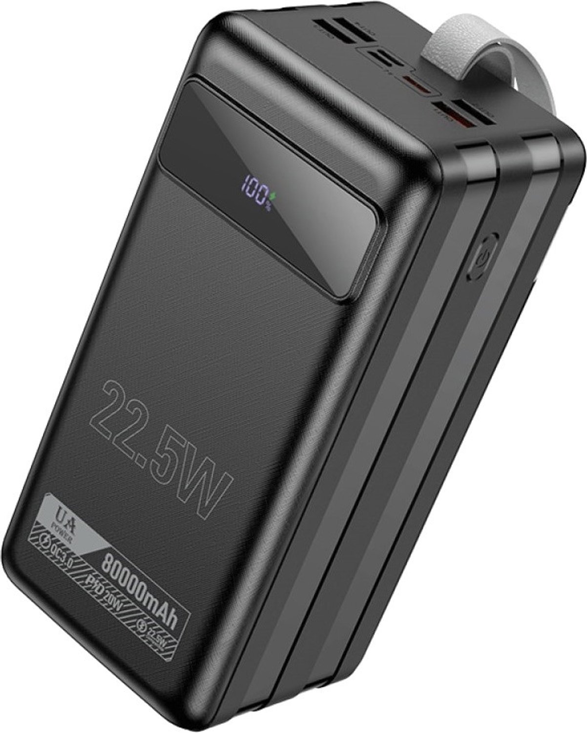 Hoco Powerbank 80000 mAh - Zwart - Snellader met LED-lamp en LED-display - 4x USB-A en USB-C - Geschikt voor Smartphones, Tablets en Oordopjes