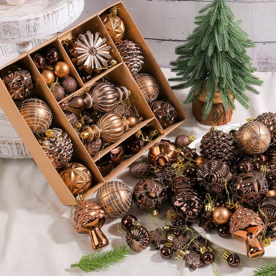 Kerstbal decoratieset 53 stuks- gevarieerde vormen met dennenappels en vormgevallen ballen- handbeschilderde kerstboom hangornamenten- luxe kerstdecoratie voor etalage en binnen