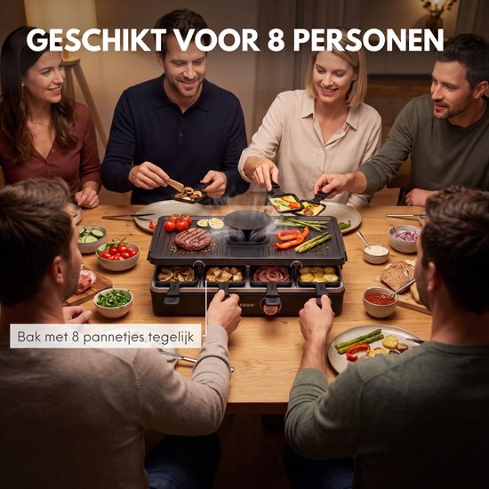 Gourmetstel voor 8 personen met centrale afzuiging en 8 bijbehorende pannetjes tijdens een gezellig diner.