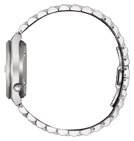 Zijaanzicht van een zilveren Citizen horloge met stalen schakelband en kroon aan de zijkant.