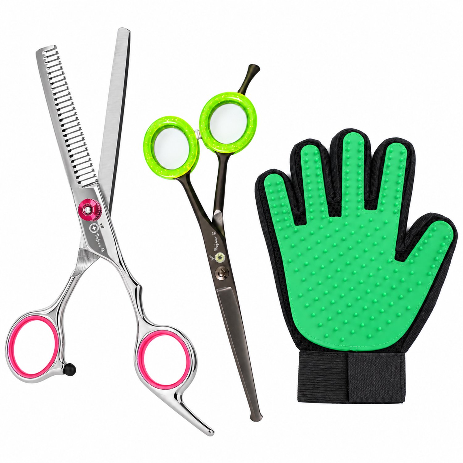 Professor Q Hondentrimset - Effileerschaar Zilver/Roze - Potenschaar Zwart/Groen en Vachthandschoen Groen - 3-delig
