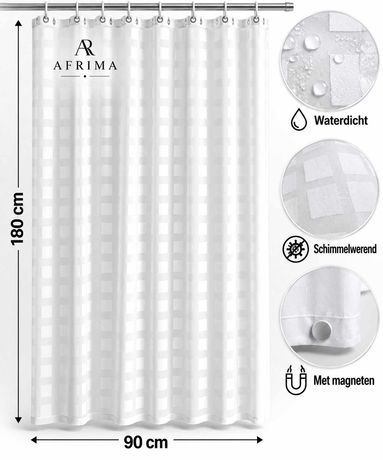 AFRIMA Douchegordijn 90x180 cm – Waterdicht & Schimmelwerend – Met Magneten – Wit
