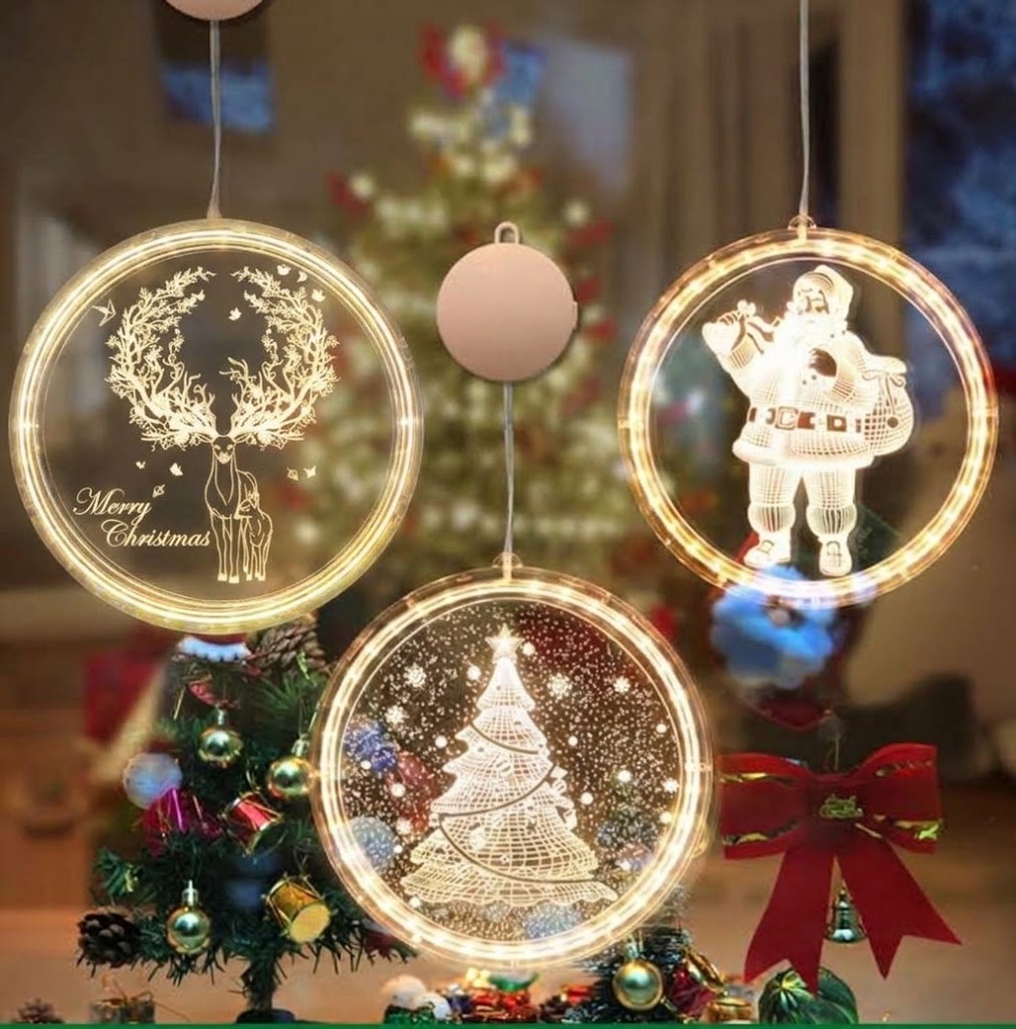 Kerst Raamdecoratie LED 3 Stuks – 16 cm – Kerst decoratie verlichting - Kerstman, Rendier & Kerstboom – Zuignap – Batterij