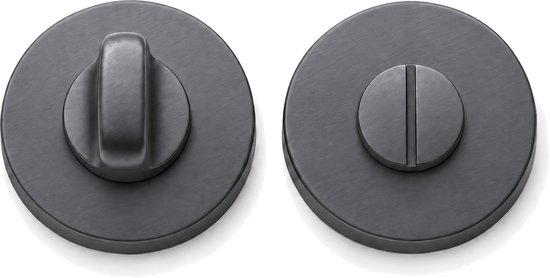 Set van twee ronde, matgrijze onderdelen voor een badkamerslot: een draaiknop en een indicator met gleuf.