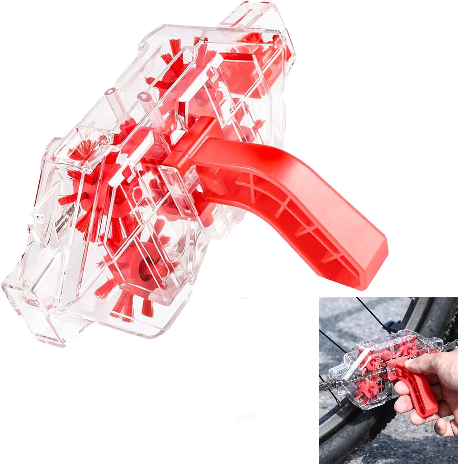 Fietskettingreiniger, transparante onderdompeling, kettingborstel, rood, 1 stuk, fietsreiniger, borstel - ShopVlot