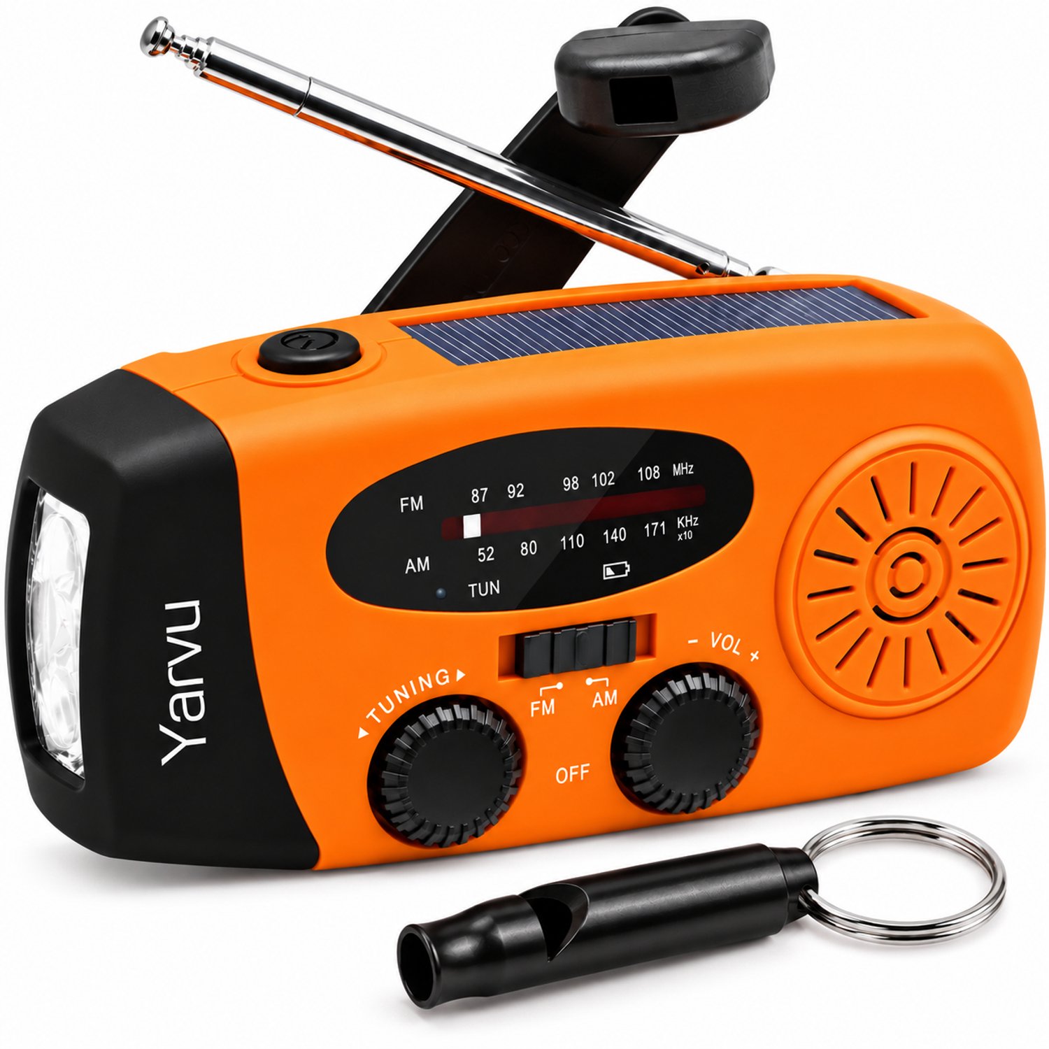 Yarvu ® Noodradio Solar Opwindbaar + Noodfluit - 2000mAh - Powerbank - LED Zaklamp - Op Accu - Aanzwengelen - FM AM Radio - Zonne Energie - SOS Sirene - Oranje