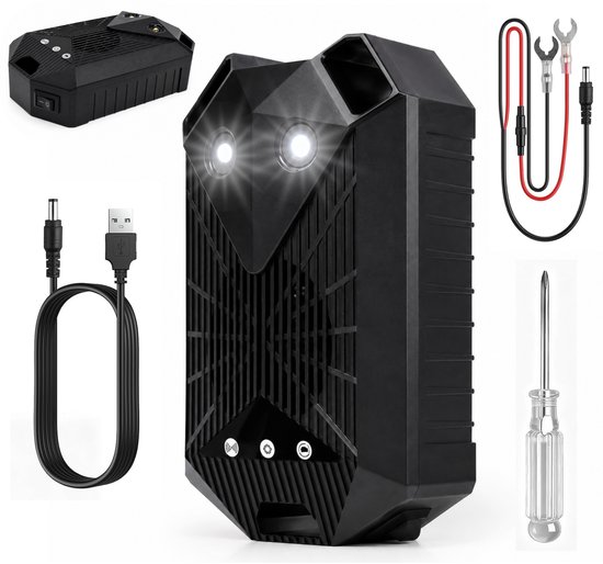 Zwarte Avexo ultrasone marterverjager met uil-ontwerp, inclusief USB-kabel, stroomkabel en schroevendraaier.
