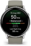 Smartwatch toont 7D Avg HRV 50ms, status Balanced en Last Night Avg 66ms op een grijs polsbandje.