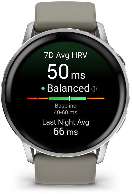 Smartwatch toont 7D Avg HRV 50ms, status Balanced en Last Night Avg 66ms op een grijs polsbandje.