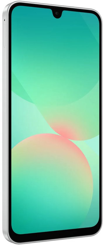 Witte Samsung Galaxy in hoekaanzicht, met kleurrijke abstracte schermachtergrond.