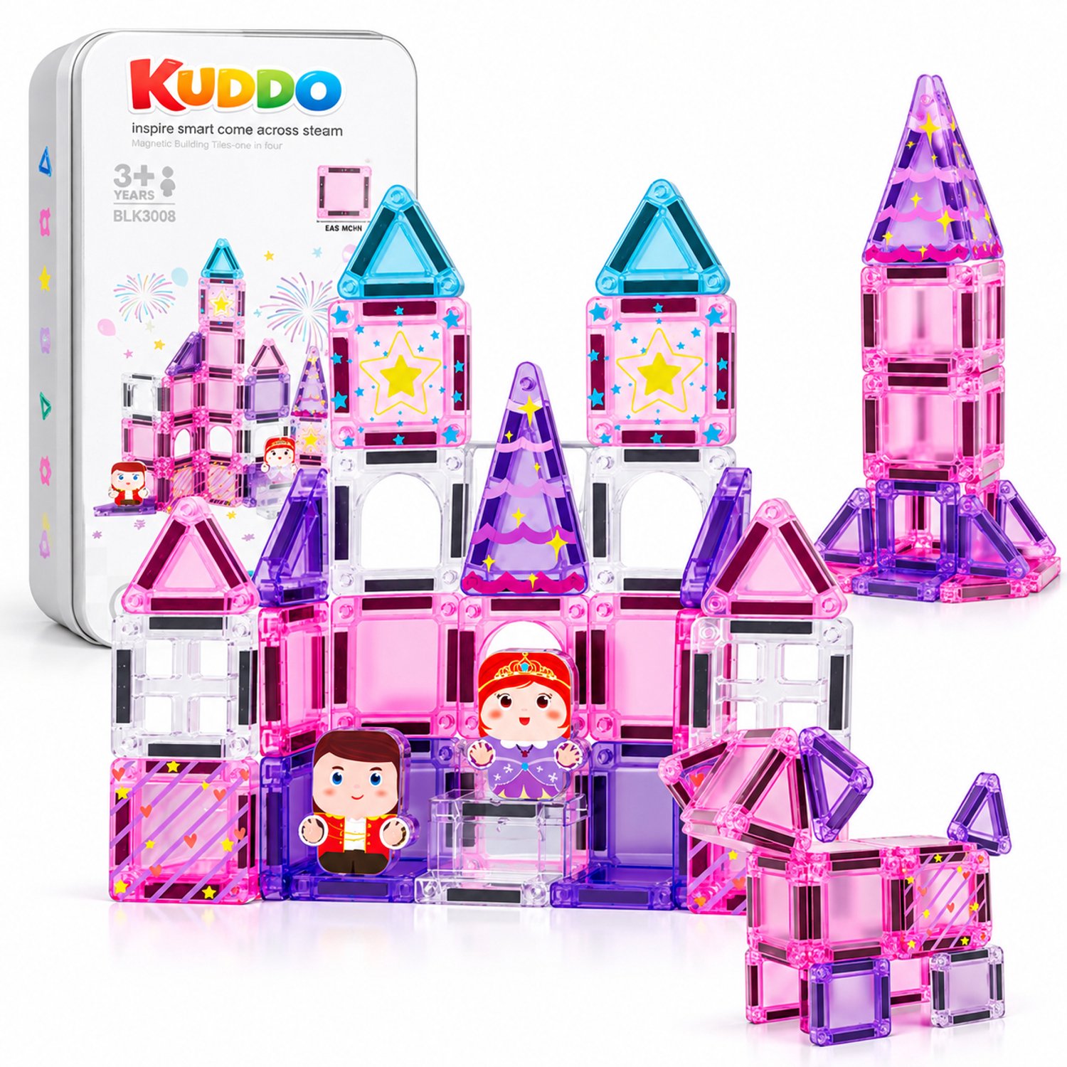Kuddo Magnetic Tiles Roze Kasteel – 32-delige Magnetische tegels reisset – Magnetisch Speelgoed Reisset – Magna Travel Set – Speelgoed voor Onderweg – 3+