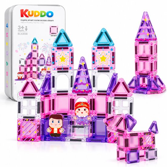 Roze Kuddo kasteel bouwset met magnetische tegels, figuren van prins en prinses, en een hond, inclusief metalen opbergdoos.