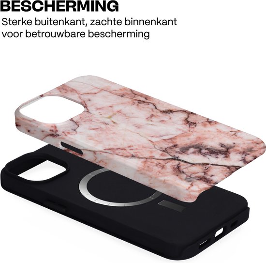 Tweedelig telefoonhoesje met marmerprint en zwarte binnenkant met MagSafe-ring. Sterke bescherming.
