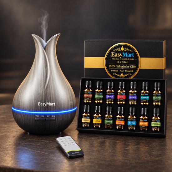 EasyMart aroma diffuser van donker hout met blauwe ledstrip en 14 flesjes etherische oliën in een geschenkdoos.