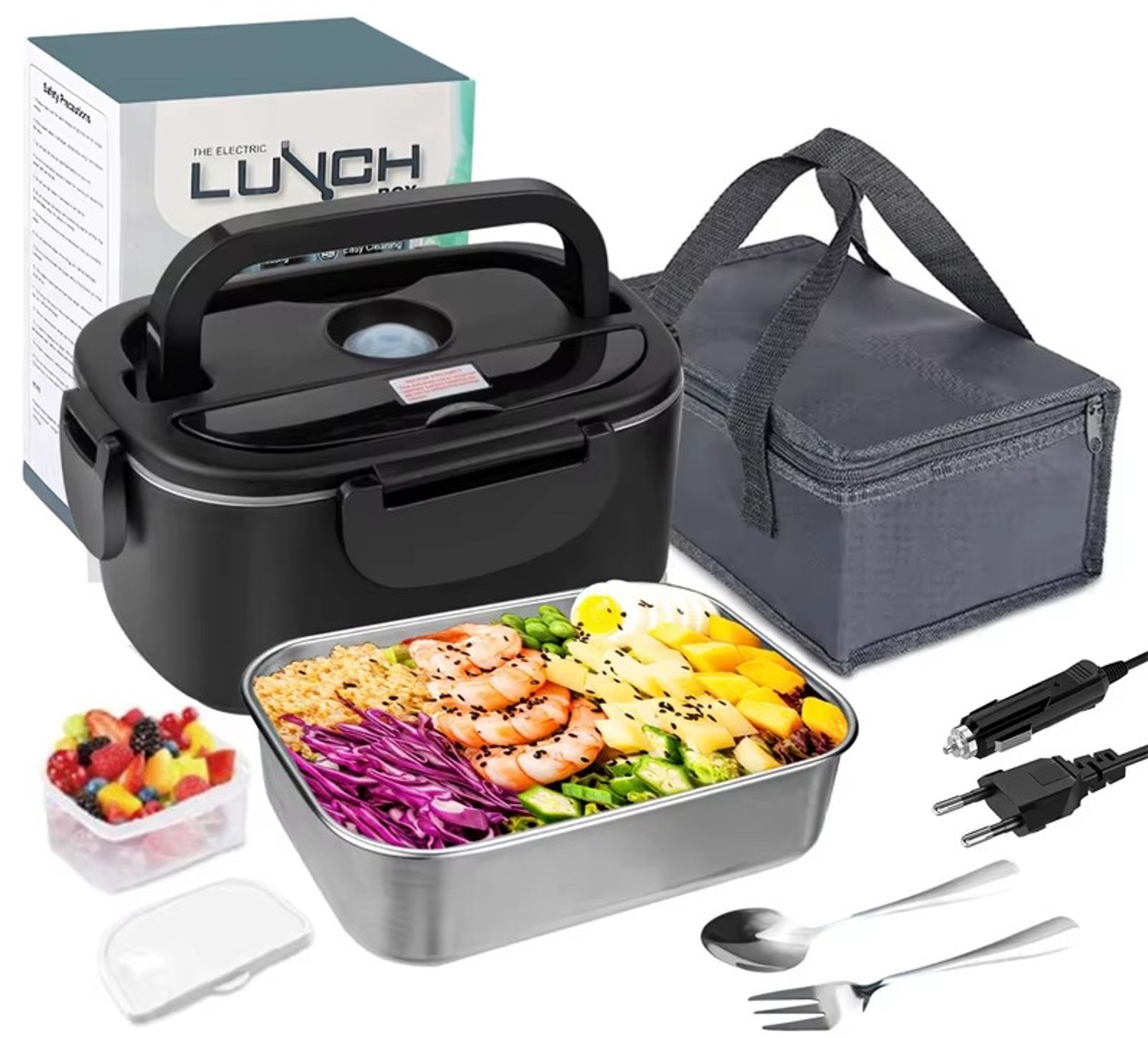CreateEcom elektrische lunchbox - Draagbare Elektrisch Verwarmde Lunchbox - 65W - RVS - Afneembaar 1,5L Verwarmingskom - Auto/Vrachtwagen/Kantoor - Eetbox Magnetron