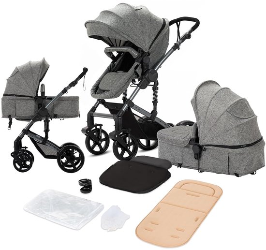 3-in-1 kinderwagen - babywagen met autostoel - verstelbare rugleuning - veiligheidsharnas - luxe uitvoering - grijs — afbeelding 4
