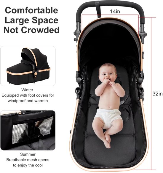3-in-1 kinderwagen - babywagen met autostoel - verstelbare rugleuning - veiligheidsharnas - luxe uitvoering - zwart — afbeelding 4
