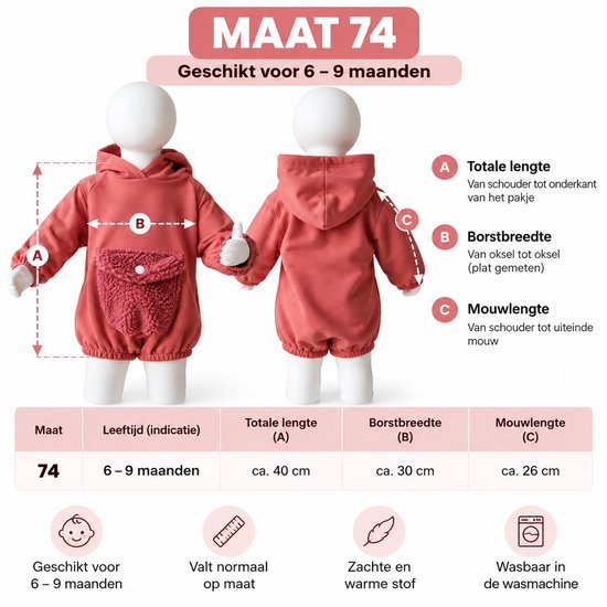 Maattabel voor baby-romper maat 74 (6-9 maanden) met afmetingen en wasvoorschriften in het Nederlands.