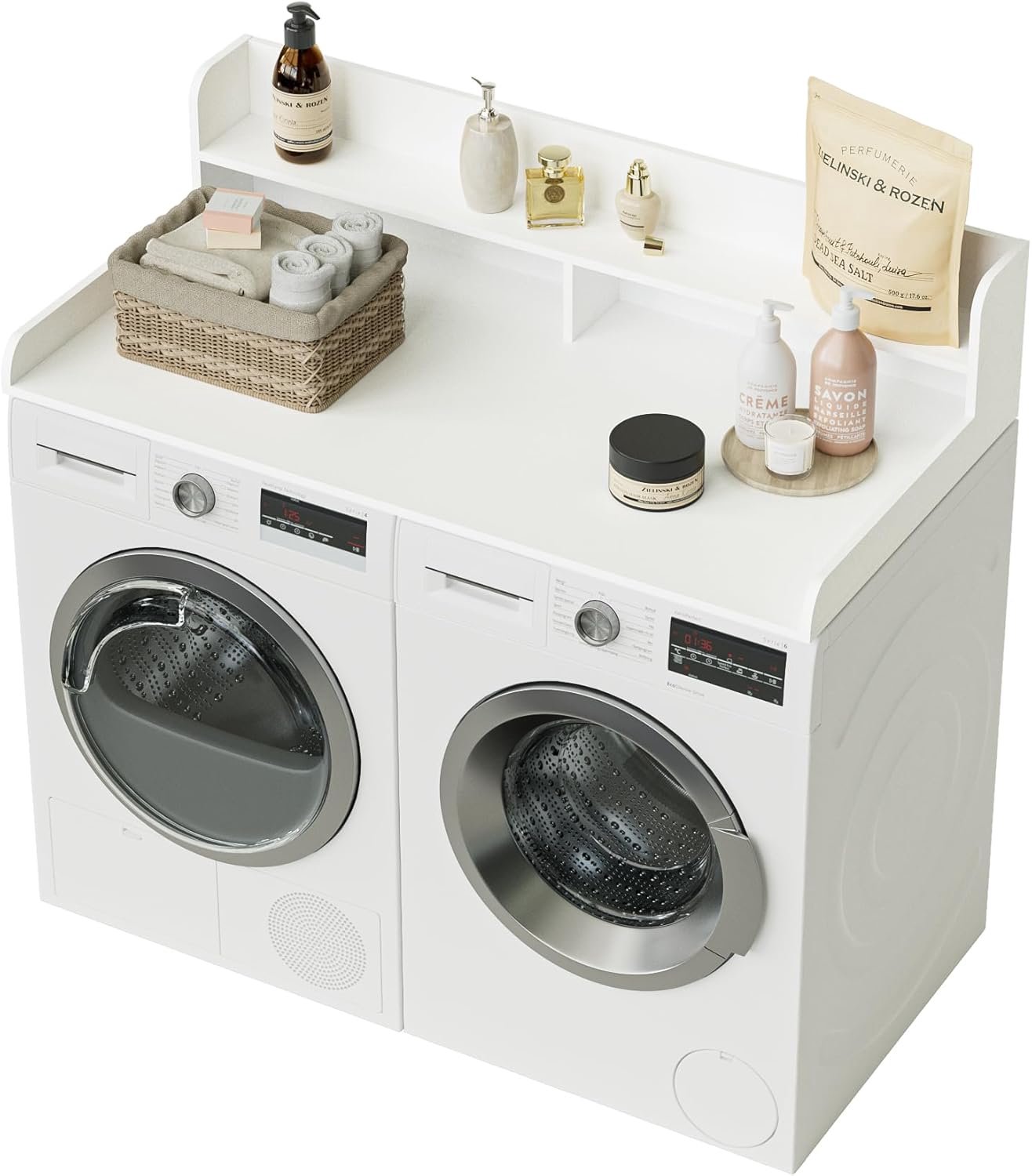 SnelShoppen - 2-laags Wasdroog Werkblad voor Wasmachine en Droger, Organisatie en Opslag voor Utility Room, Houten Werkblad, Wit, 137x70x30.2 cm