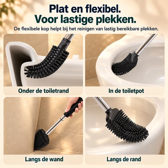Flexibele zwarte siliconen borstelkop die onder de rand en in hoeken van het toilet reinigt.