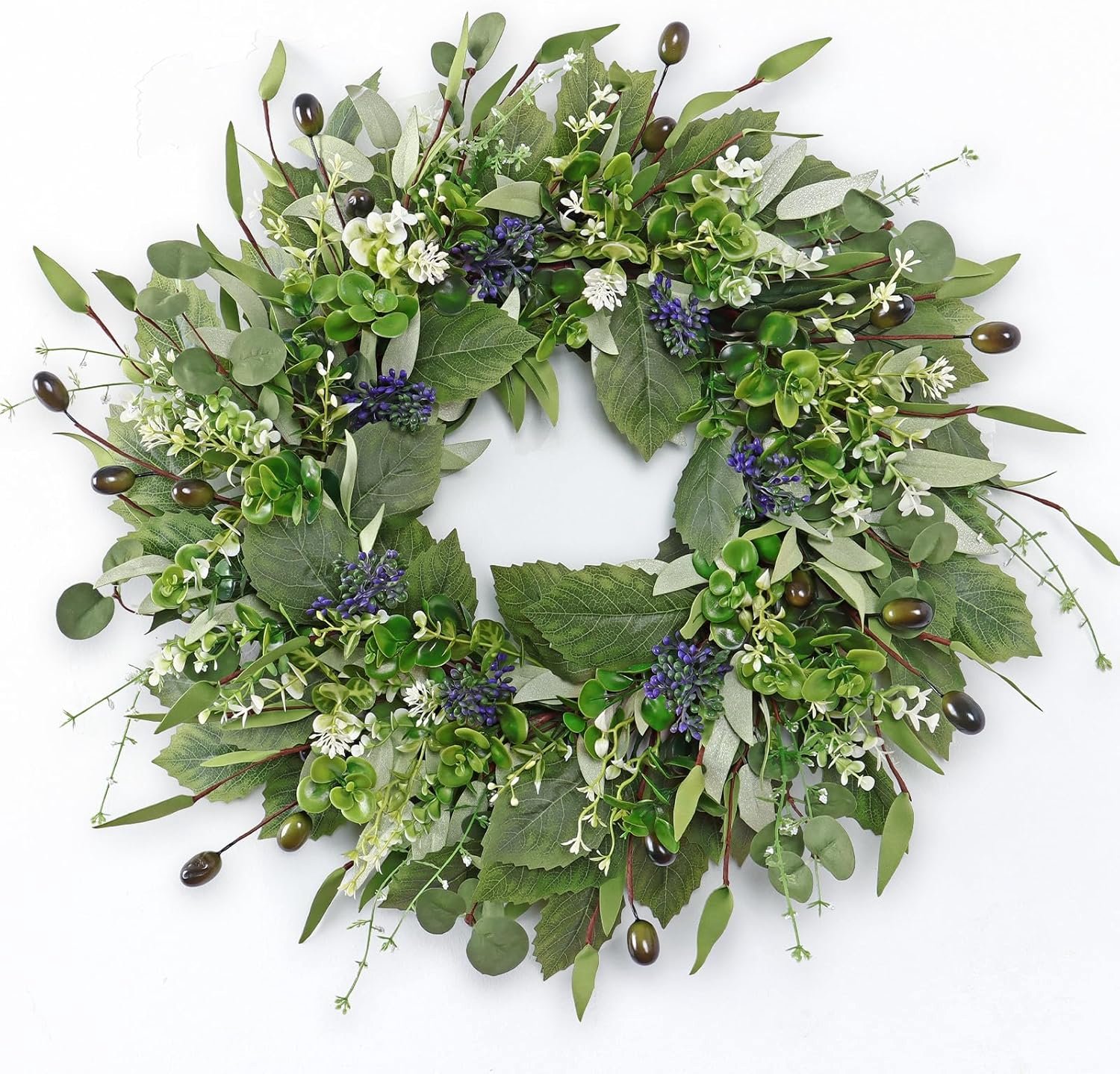SnelShoppen - Spring Wreath 52 cm Kunstplant Deurkrans met Eucalyptus, Olijven en Buxus Bladeren - Weerbestendige Groene Decoratie voor Wand en Deur -