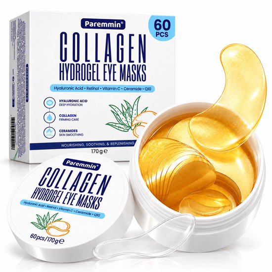 Paremmin collageen oogmaskers in witte pot met gouden hydrogel patches en verpakking.