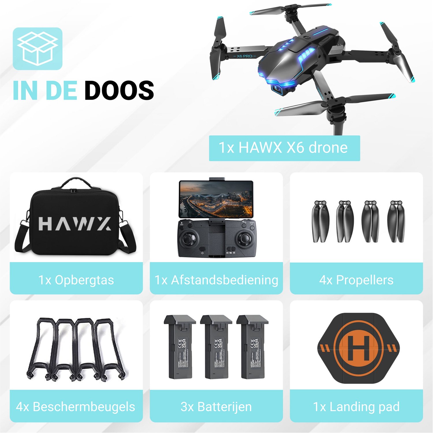 HAWX X6 Drone - Drone met 4K Camera - Mini drone - Voor Kinderen/Volwassenen - Drones - Tot 90 Minuten Vliegen - Incl. 3 Batterijen, Opbergtas, Landing Pad — afbeelding 4