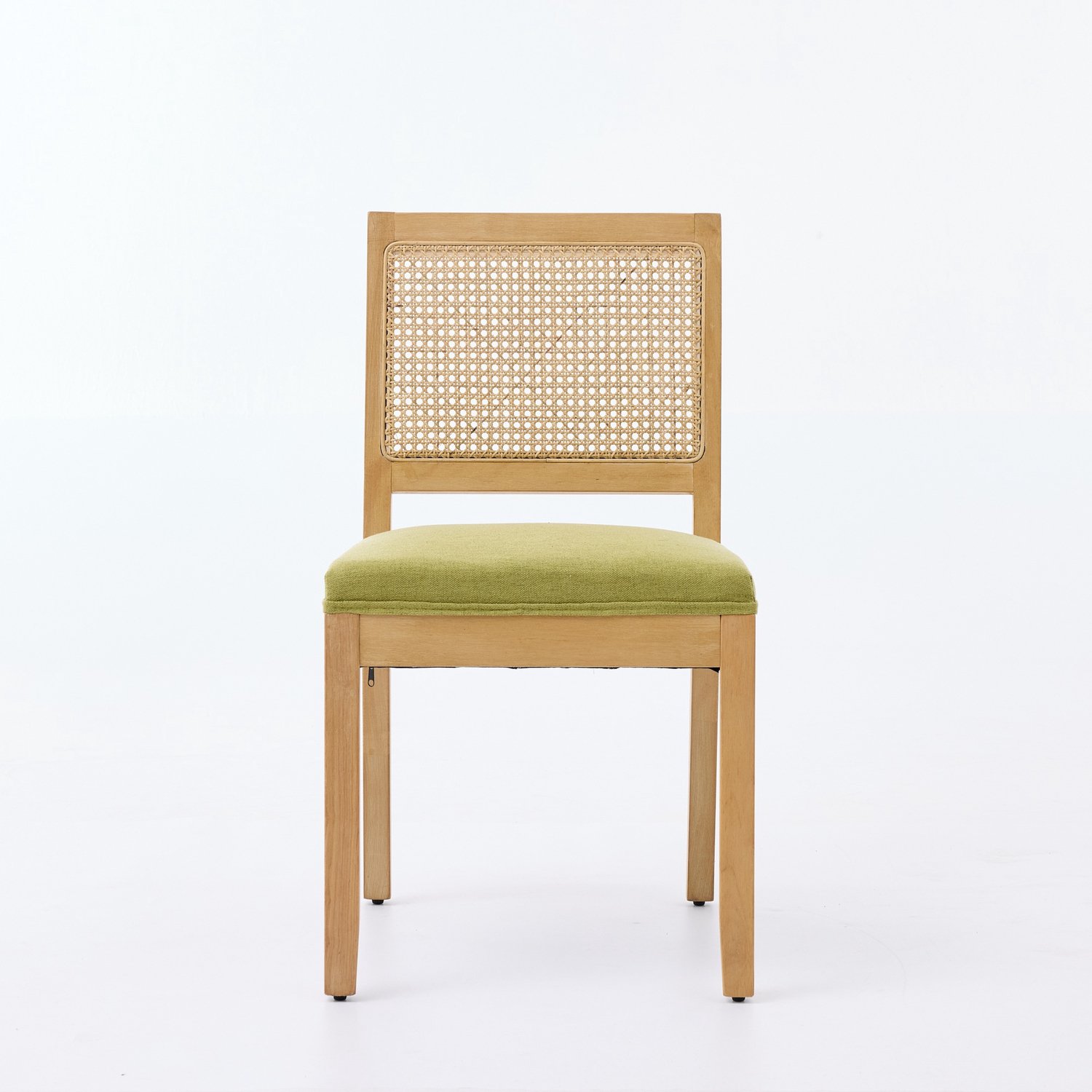 SONNENH Eetkamerstoelen set van 2 met olijfgroene stoffen zitting, rotanlook rug en massief houten frame Olijfgroen en naturel