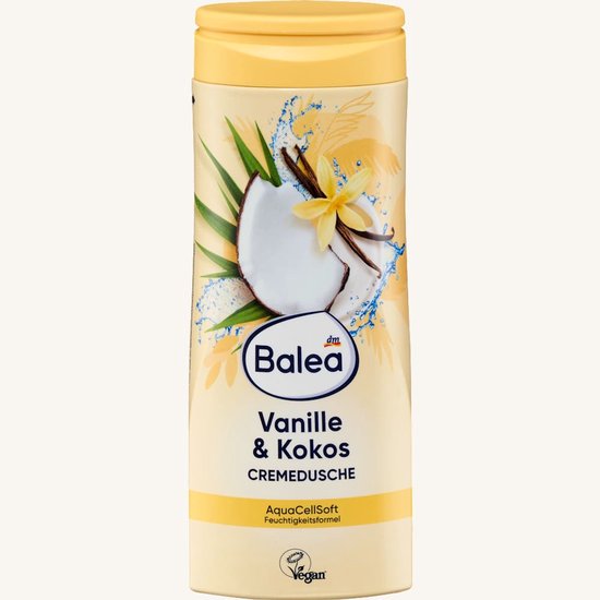 Balea Vanille & Kokos crèmedouche in een lichtgele fles met een afbeelding van kokosnoot, vanille en water.