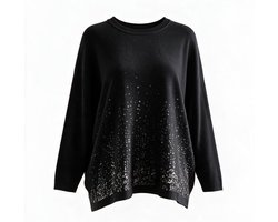 Dames Fijn Gebreid Trui - G6890 - Losse fit - Trui afgewerk met pailletjes aan de voorkant Onesize (XL/XXL) Zwart